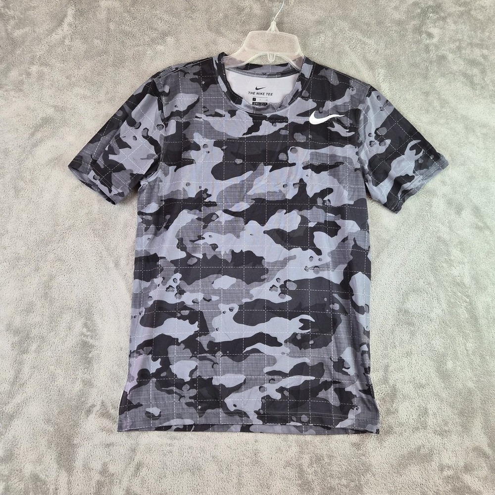 Nike Dri Fit Camo Athletic Training Shirt Men Small Black Gray Swoosh Activewear